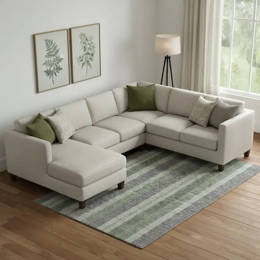 Green And Gray Striped Washable Area Rug With UV Protection Photo 2