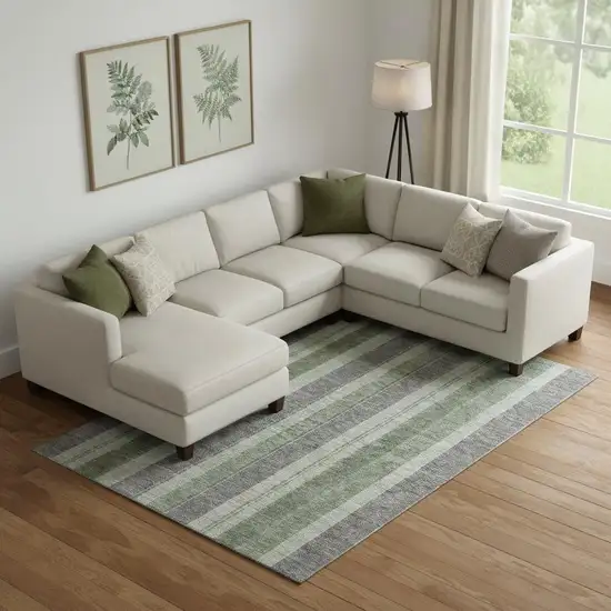 Green And Gray Striped Washable Area Rug With UV Protection Photo 2