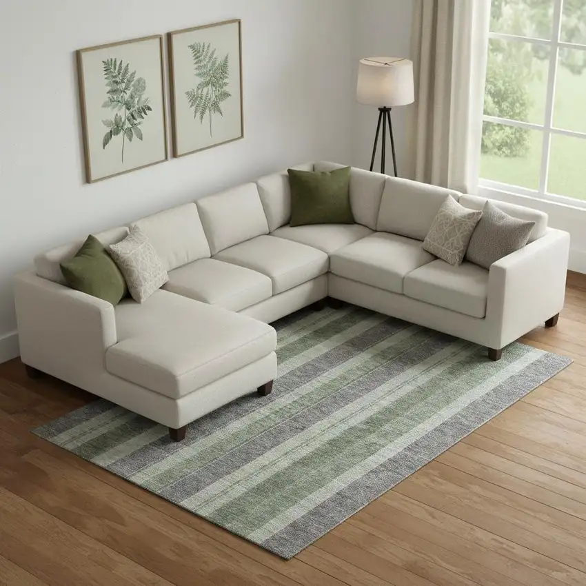 Green And Gray Striped Washable Area Rug With UV Protection Photo 2