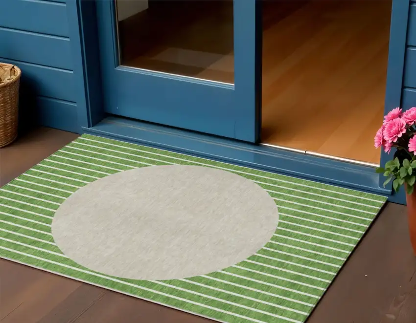 Green And Gray Striped Washable Indoor Outdoor Area Rug Photo 1