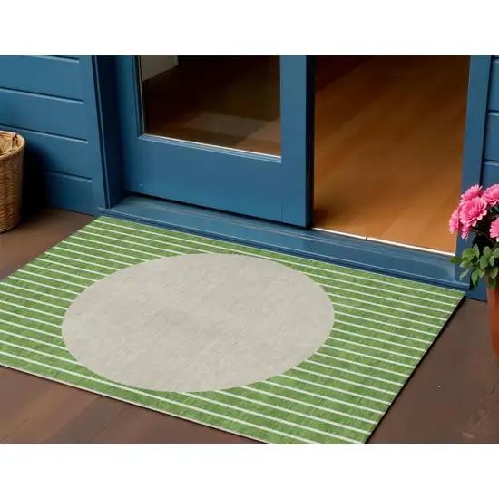 Green And Gray Striped Washable Indoor Outdoor Area Rug Photo 1