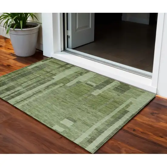 Green And Gray Striped Washable Indoor Outdoor Area Rug Photo 1