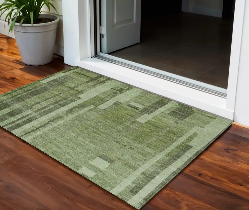 Green And Gray Striped Washable Indoor Outdoor Area Rug Photo 1