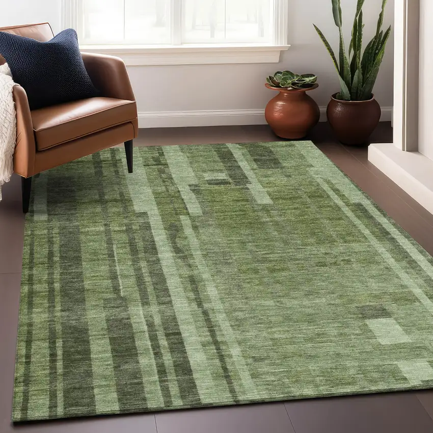 Green And Gray Striped Washable Indoor Outdoor Area Rug Photo 8
