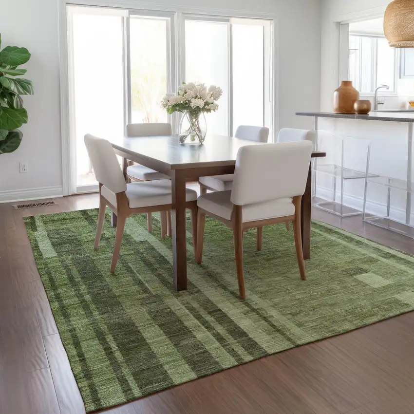 Green And Gray Striped Washable Indoor Outdoor Area Rug Photo 9