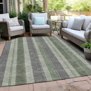 Photo of Green And Gray Striped Washable Indoor Outdoor Area Rug