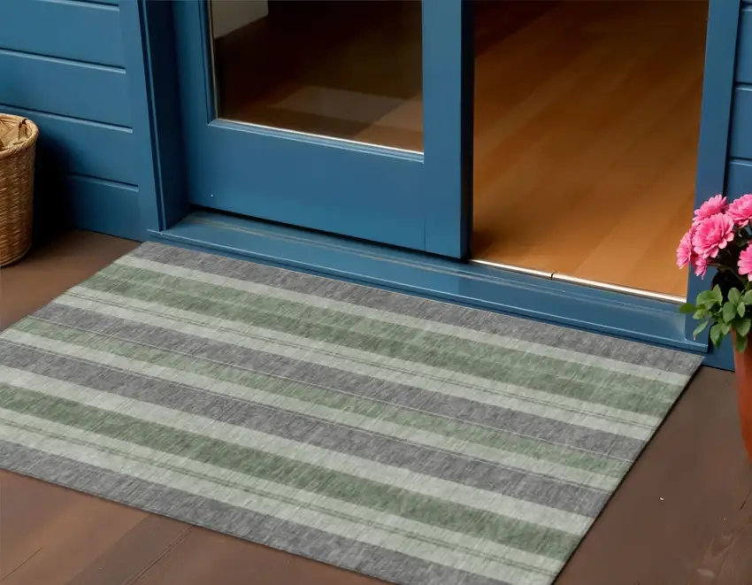 Green And Gray Striped Washable Indoor Outdoor Area Rug Photo 2