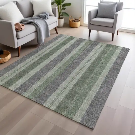 Green And Gray Striped Washable Indoor Outdoor Area Rug Photo 7