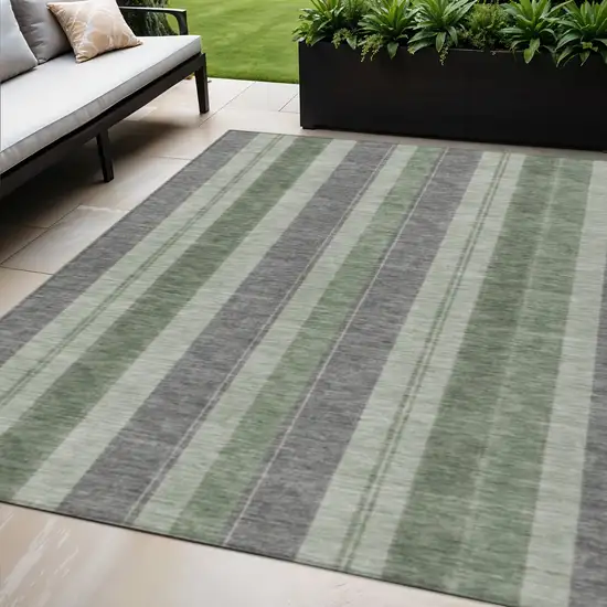 Green And Gray Striped Washable Indoor Outdoor Area Rug Photo 2