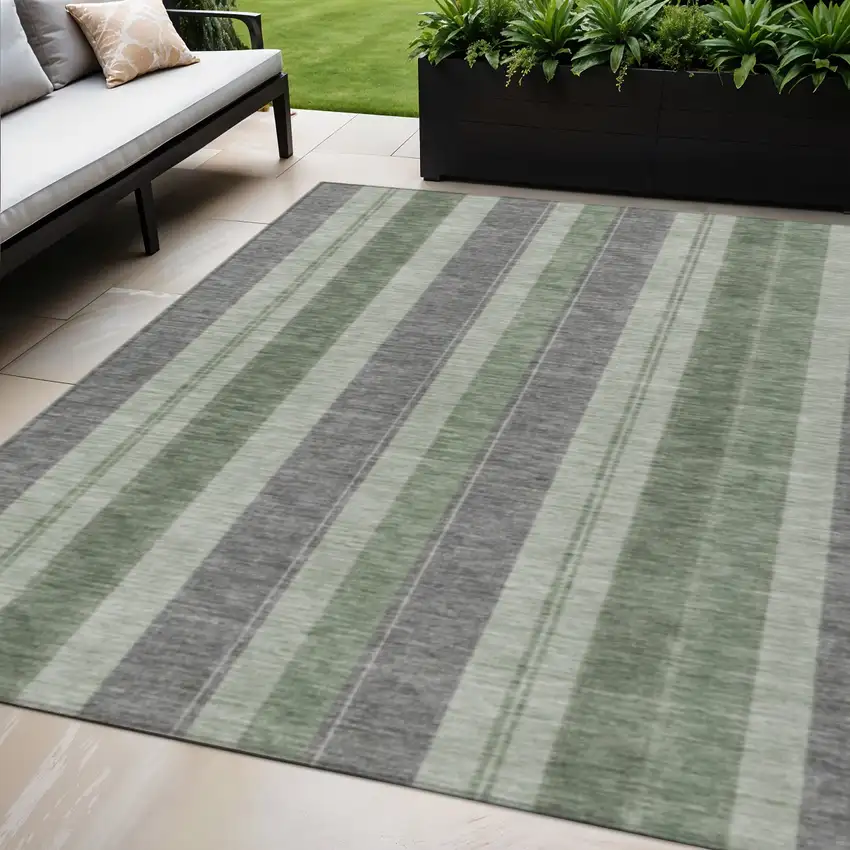 Green And Gray Striped Washable Indoor Outdoor Area Rug Photo 2