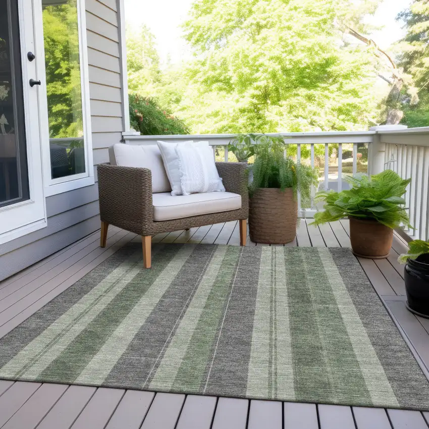 Green And Gray Striped Washable Indoor Outdoor Area Rug Photo 9