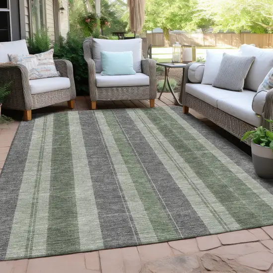 Green And Gray Striped Washable Indoor Outdoor Area Rug Photo 6