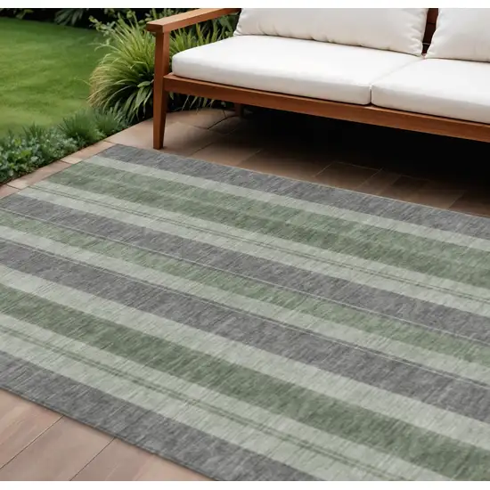 Green And Gray Striped Washable Indoor Outdoor Area Rug Photo 2