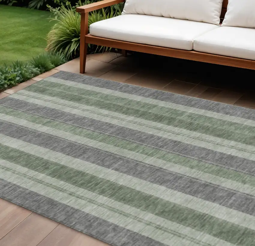 Green And Gray Striped Washable Indoor Outdoor Area Rug Photo 2