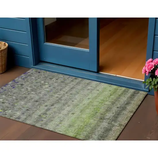 Green And Gray Striped Washable Indoor Outdoor Area Rug Photo 1