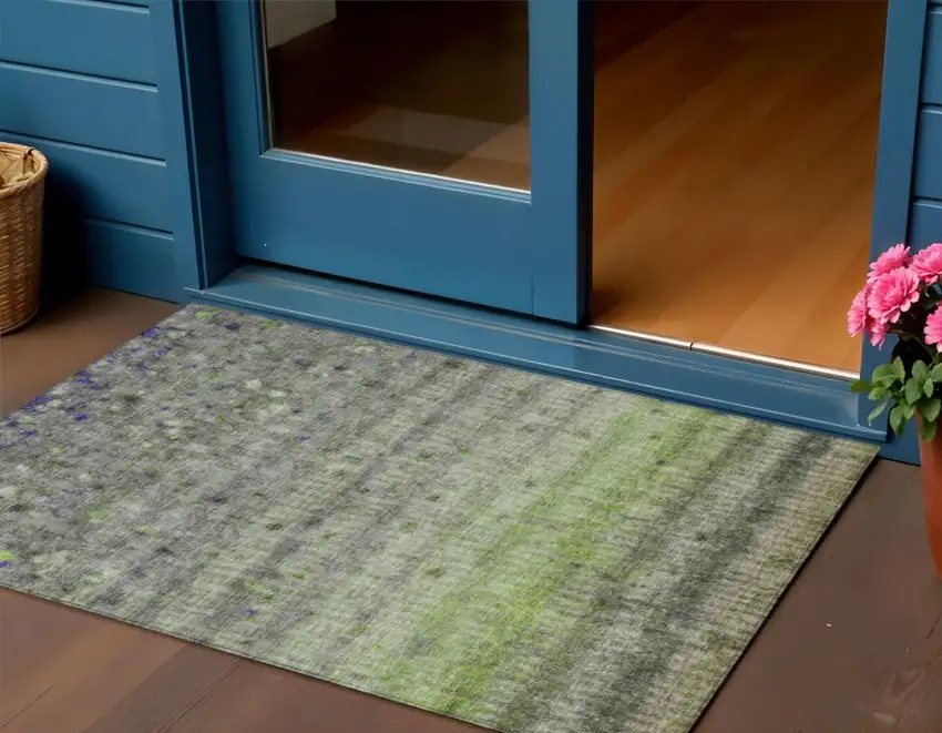 Green And Gray Striped Washable Indoor Outdoor Area Rug Photo 1