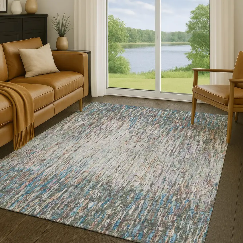 Green And Gray Striped Washable Indoor Outdoor Area Rug Photo 5