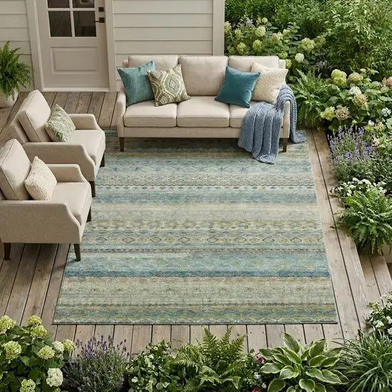 Green And Gray Striped Washable Indoor Outdoor Area Rug Photo 1