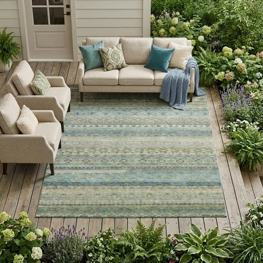 Green And Gray Striped Washable Indoor Outdoor Area Rug Photo 1