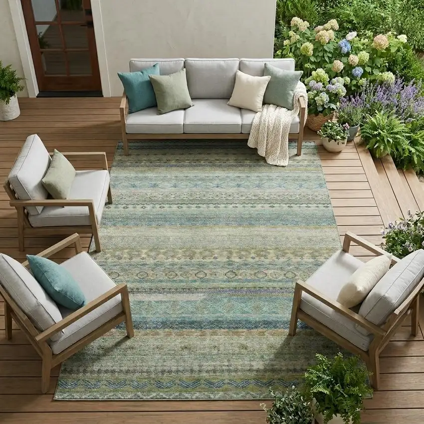 Green And Gray Striped Washable Indoor Outdoor Area Rug Photo 1