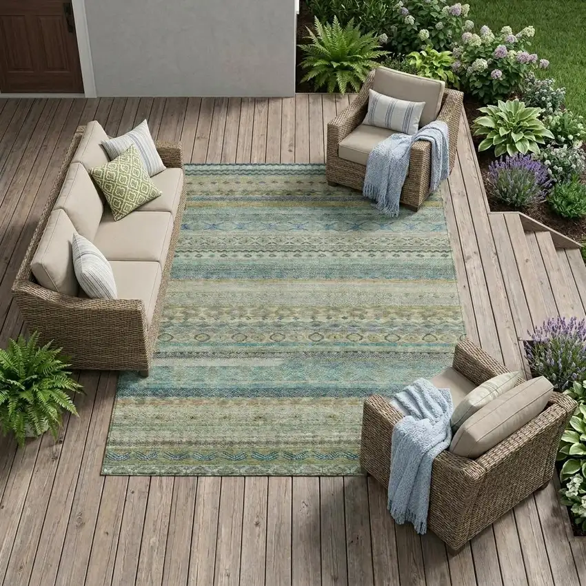 Green And Gray Striped Washable Indoor Outdoor Area Rug Photo 1