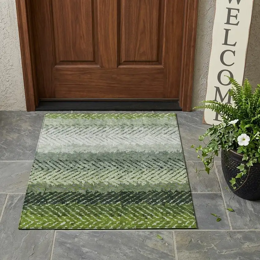 Green And Gray Striped Washable Indoor Outdoor Area Rug Photo 1