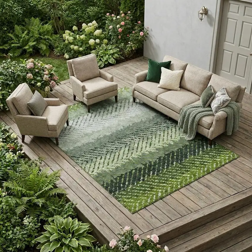 Green And Gray Striped Washable Indoor Outdoor Area Rug Photo 1
