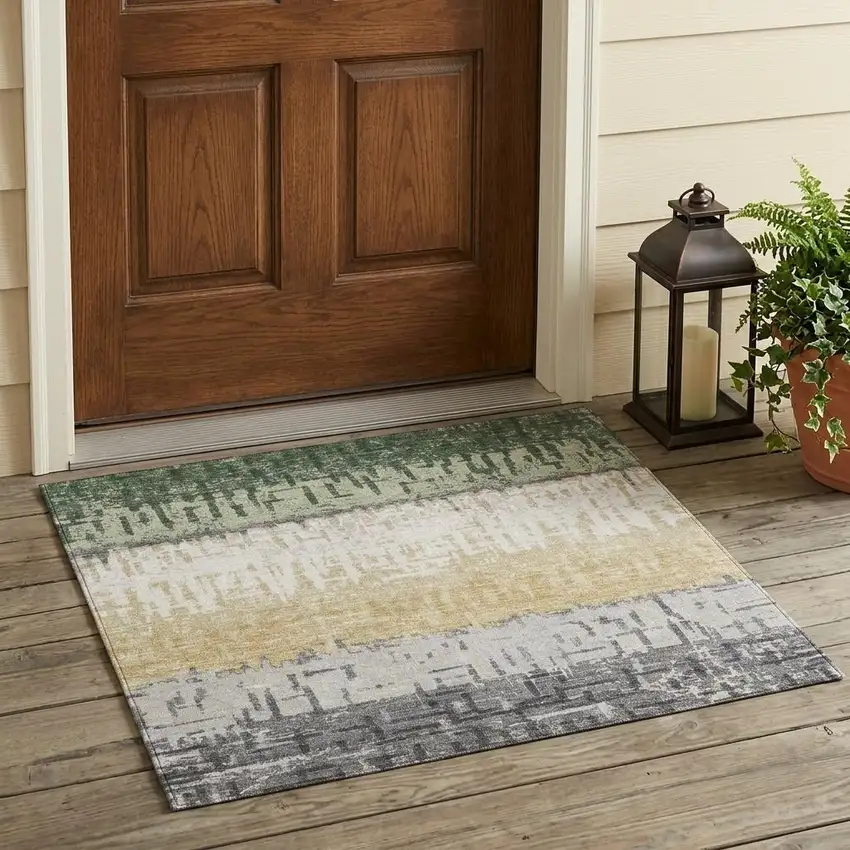 Green And Gray Striped Washable Indoor Outdoor Area Rug Photo 1