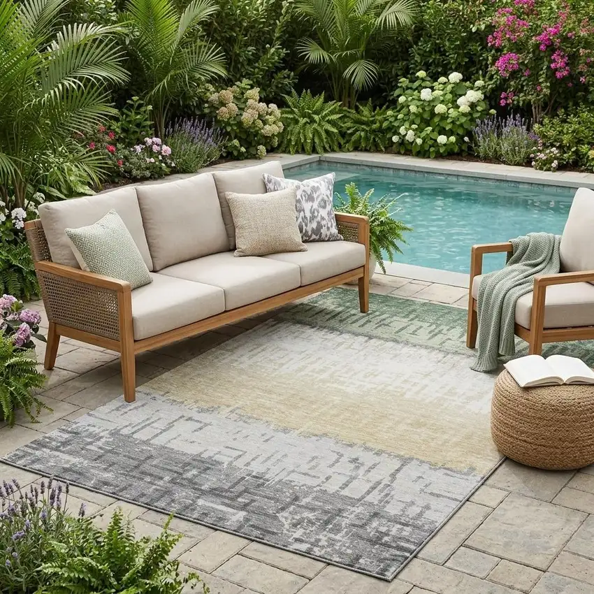 Green And Gray Striped Washable Indoor Outdoor Area Rug Photo 1