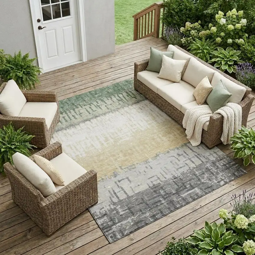Green And Gray Striped Washable Indoor Outdoor Area Rug Photo 1