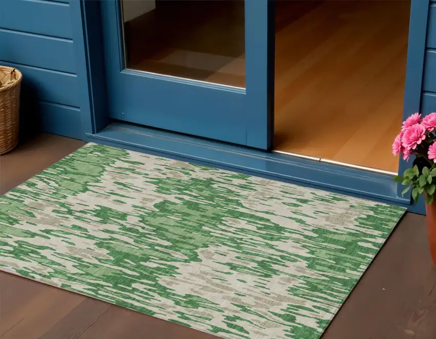 Green And Gray Striped Washable Indoor Outdoor Area Rug Photo 1