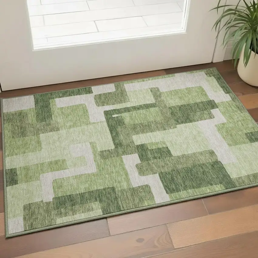 Green And Ivory Abstract Geometric Washable Area Rug With UV Protection Photo 2