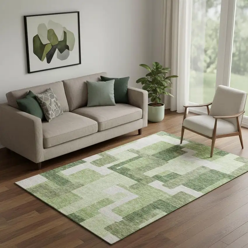 Green And Ivory Abstract Geometric Washable Area Rug With UV Protection Photo 1