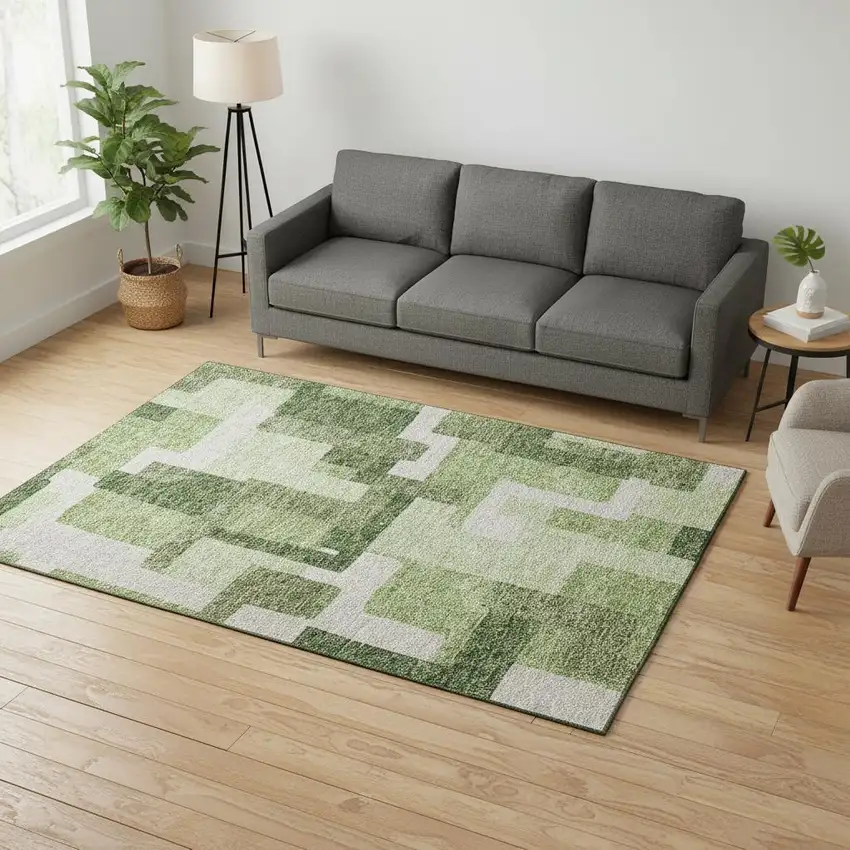 Green And Ivory Abstract Geometric Washable Area Rug With UV Protection Photo 2