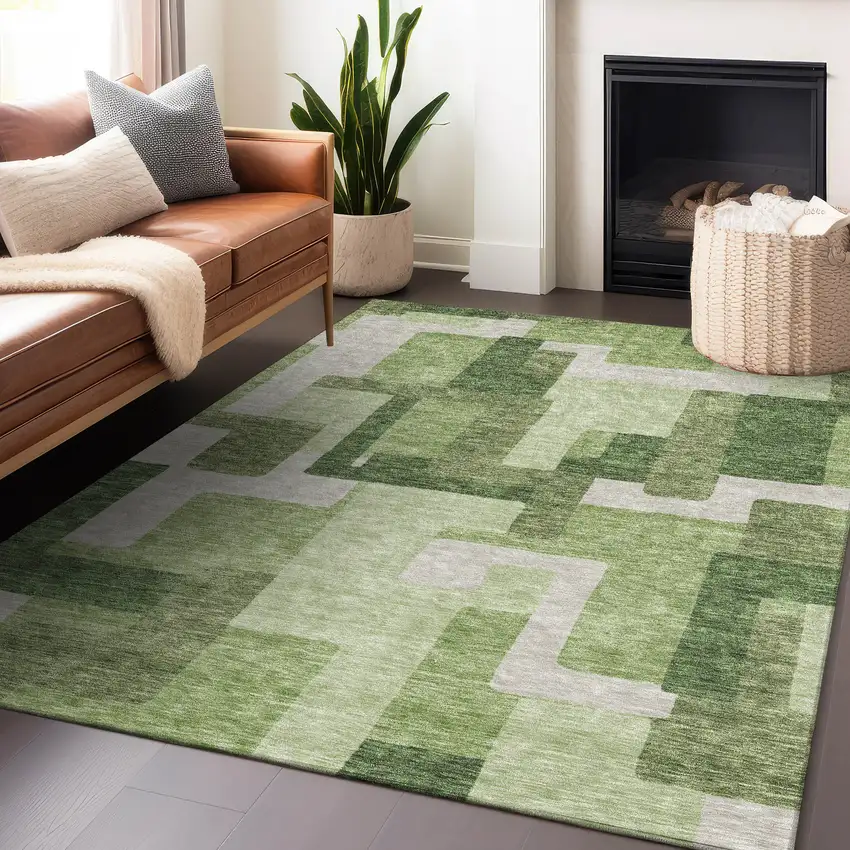 Green And Ivory Abstract Geometric Washable Area Rug With UV Protection Photo 6