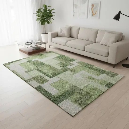 Green And Ivory Abstract Geometric Washable Area Rug With UV Protection Photo 2