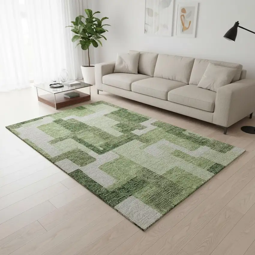 Green And Ivory Abstract Geometric Washable Area Rug With UV Protection Photo 2