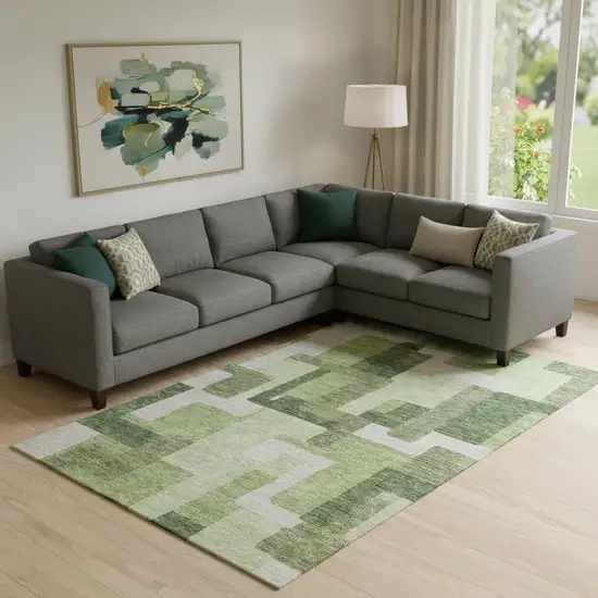 Green And Ivory Abstract Geometric Washable Area Rug With UV Protection Photo 1