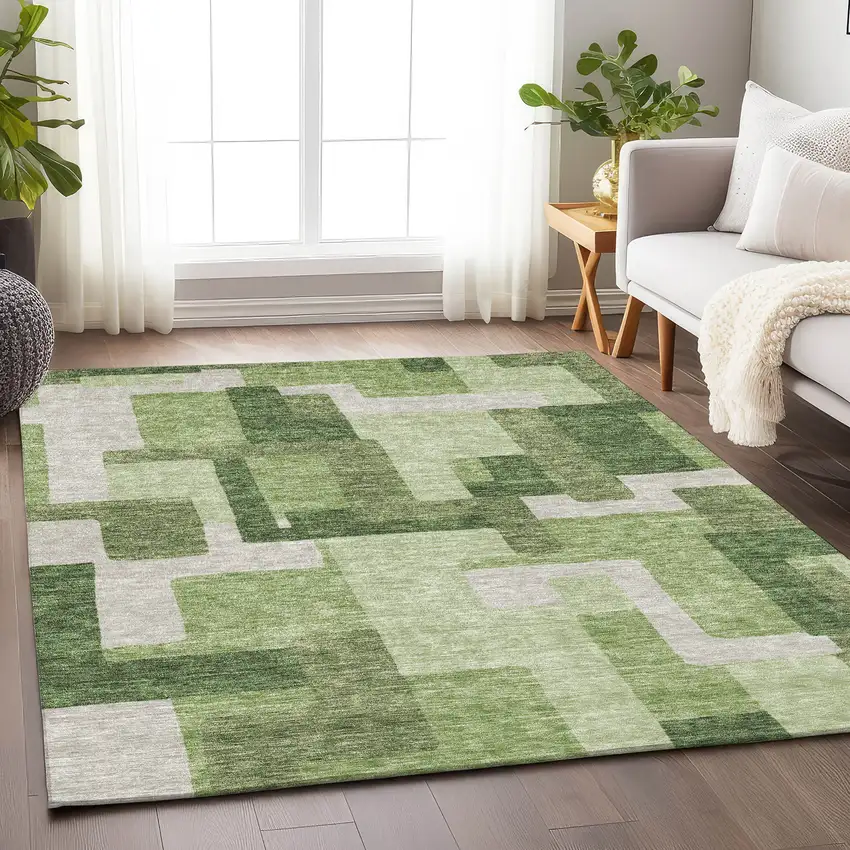 Green And Ivory Abstract Geometric Washable Area Rug With UV Protection Photo 5