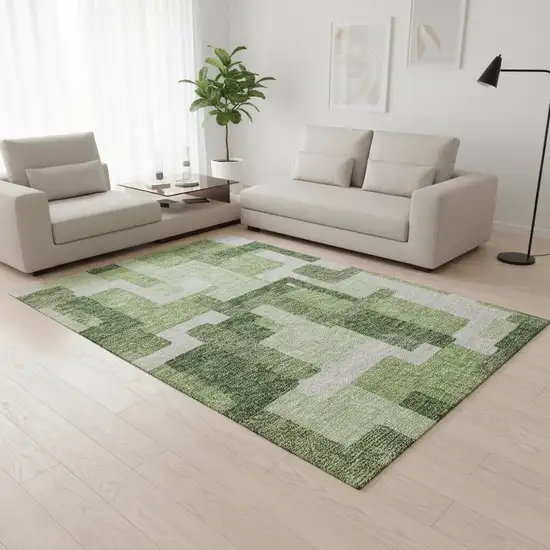 Green And Ivory Abstract Geometric Washable Area Rug With UV Protection Photo 2