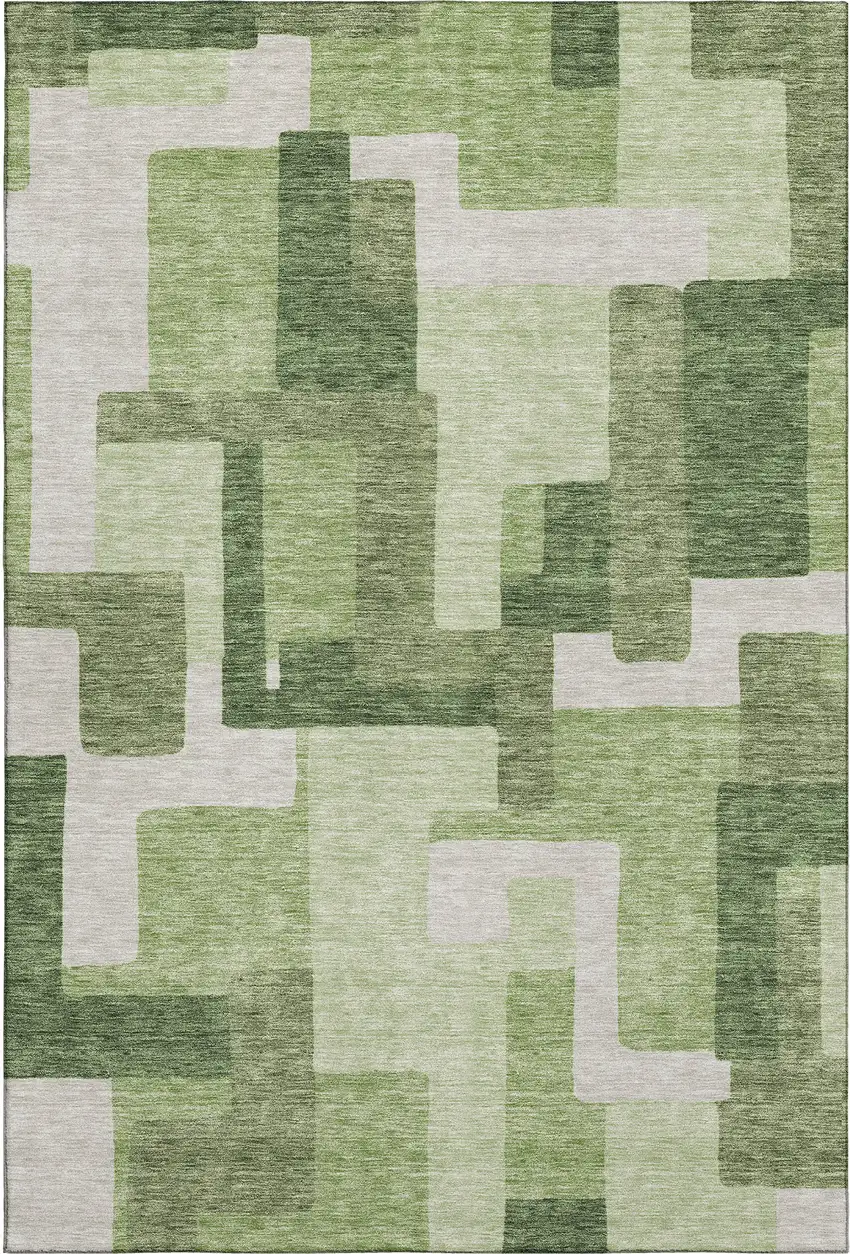 Green And Ivory Abstract Geometric Washable Area Rug With UV Protection Photo 1