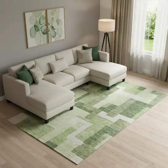 Green And Ivory Abstract Geometric Washable Area Rug With UV Protection Photo 1