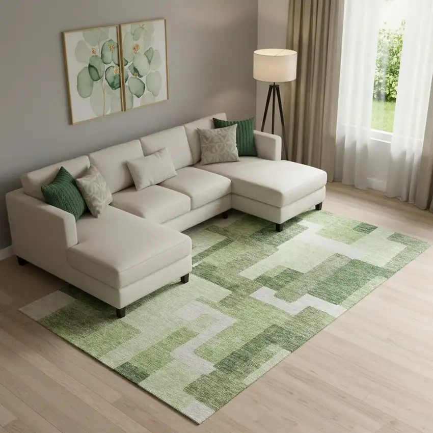 Green And Ivory Abstract Geometric Washable Area Rug With UV Protection Photo 1