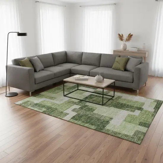 Green And Ivory Abstract Geometric Washable Area Rug With UV Protection Photo 2