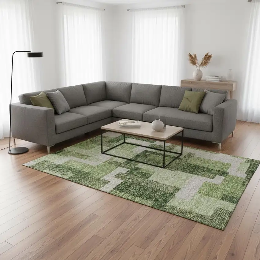 Green And Ivory Abstract Geometric Washable Area Rug With UV Protection Photo 2