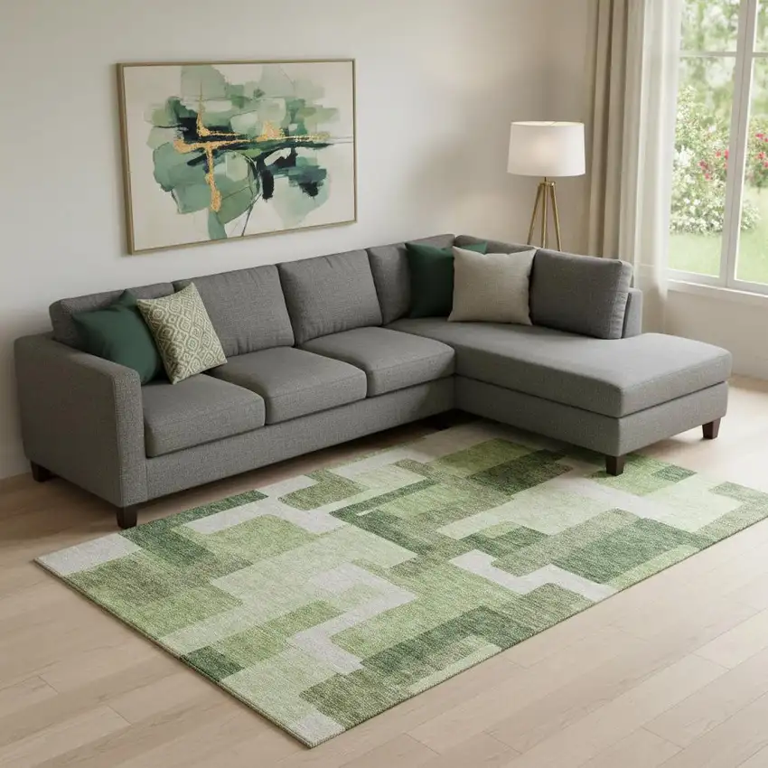 Green And Ivory Abstract Geometric Washable Area Rug With UV Protection Photo 1