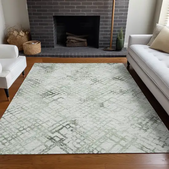 Green And Ivory Abstract Geometric Washable Area Rug With UV Protection Photo 5