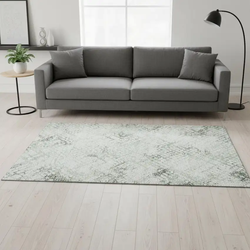 Green And Ivory Abstract Geometric Washable Area Rug With UV Protection Photo 2