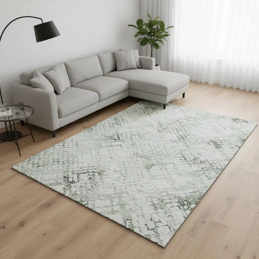 Green And Ivory Abstract Geometric Washable Area Rug With UV Protection Photo 2