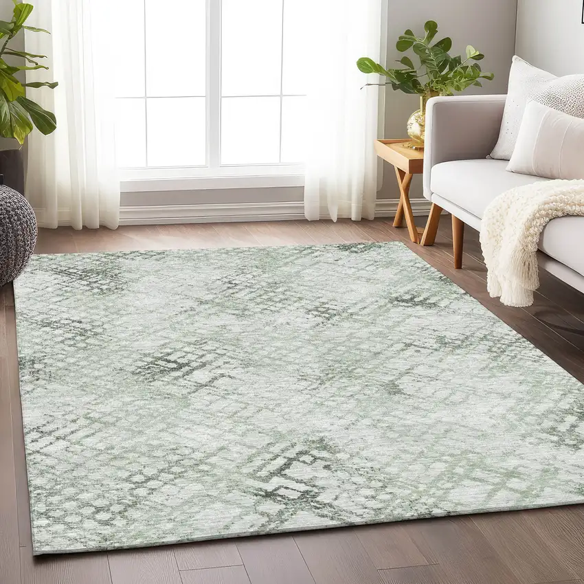 Green And Ivory Abstract Geometric Washable Area Rug With UV Protection Photo 6